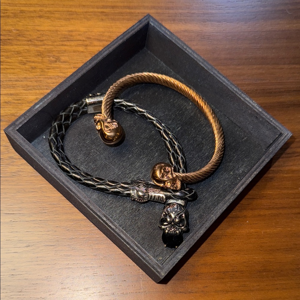 Men's Skull Bracelet Set - Black and Gold